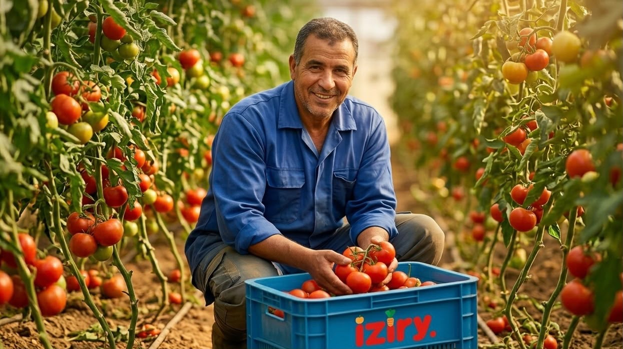 Producteur marocain récoltant des tomates
